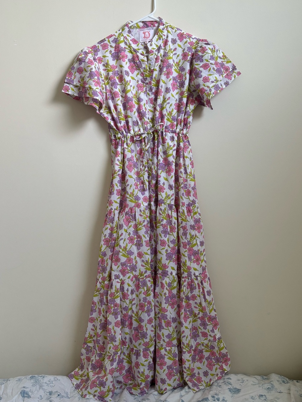 Victoria Dunn Pink & Green Floral Maxi Dress with Drawstring Waist
